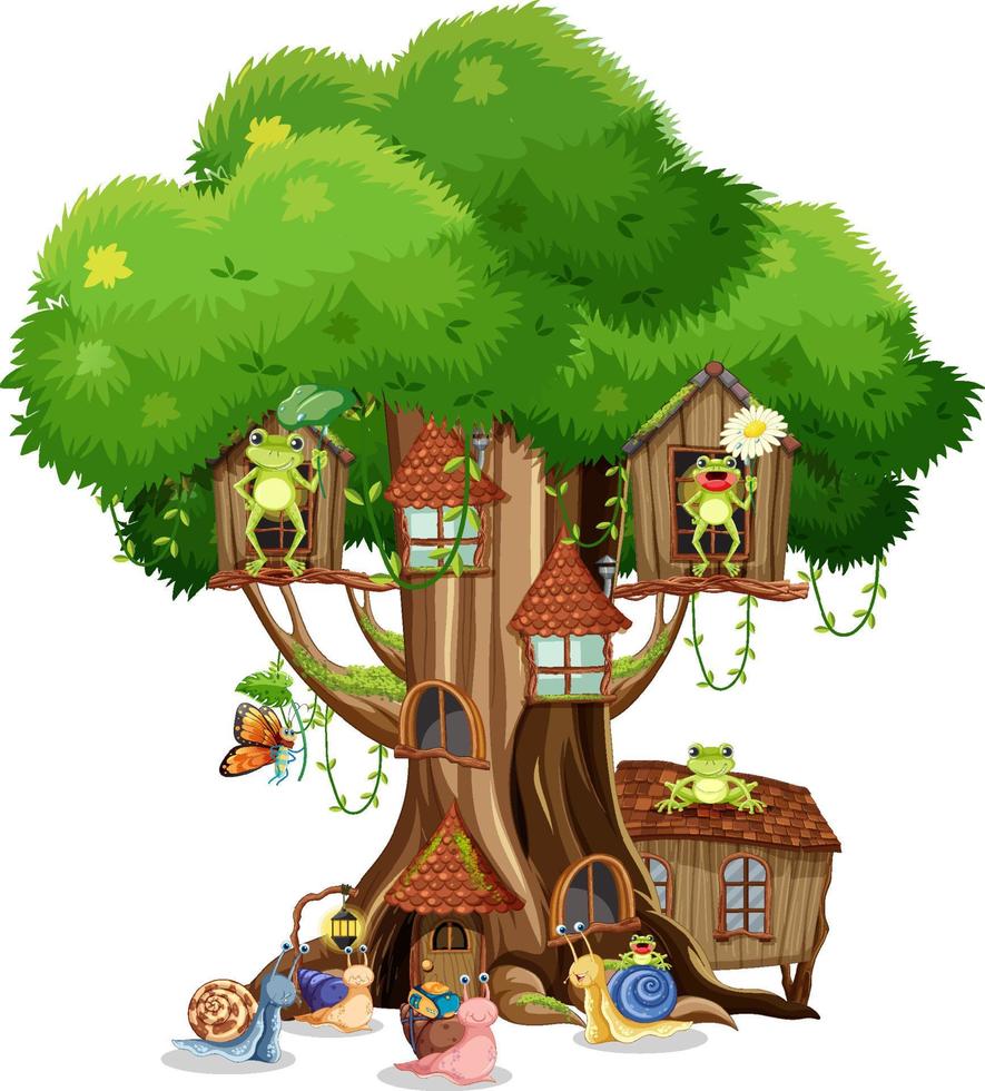 Happy insect cartoon at fairy tree house vector