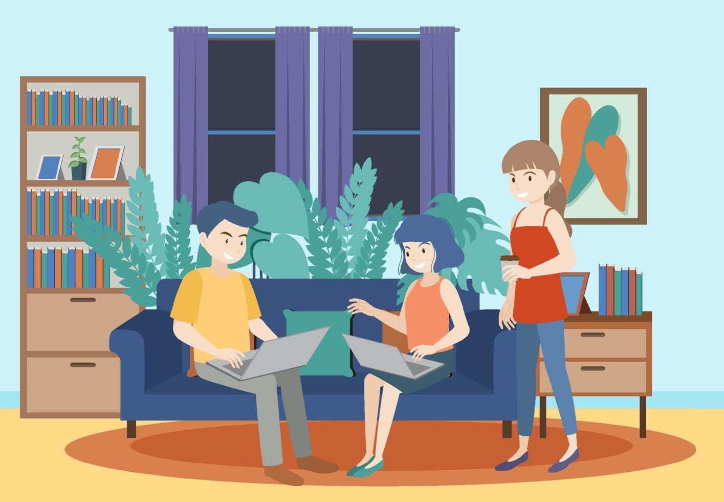 People working on computer at home vector