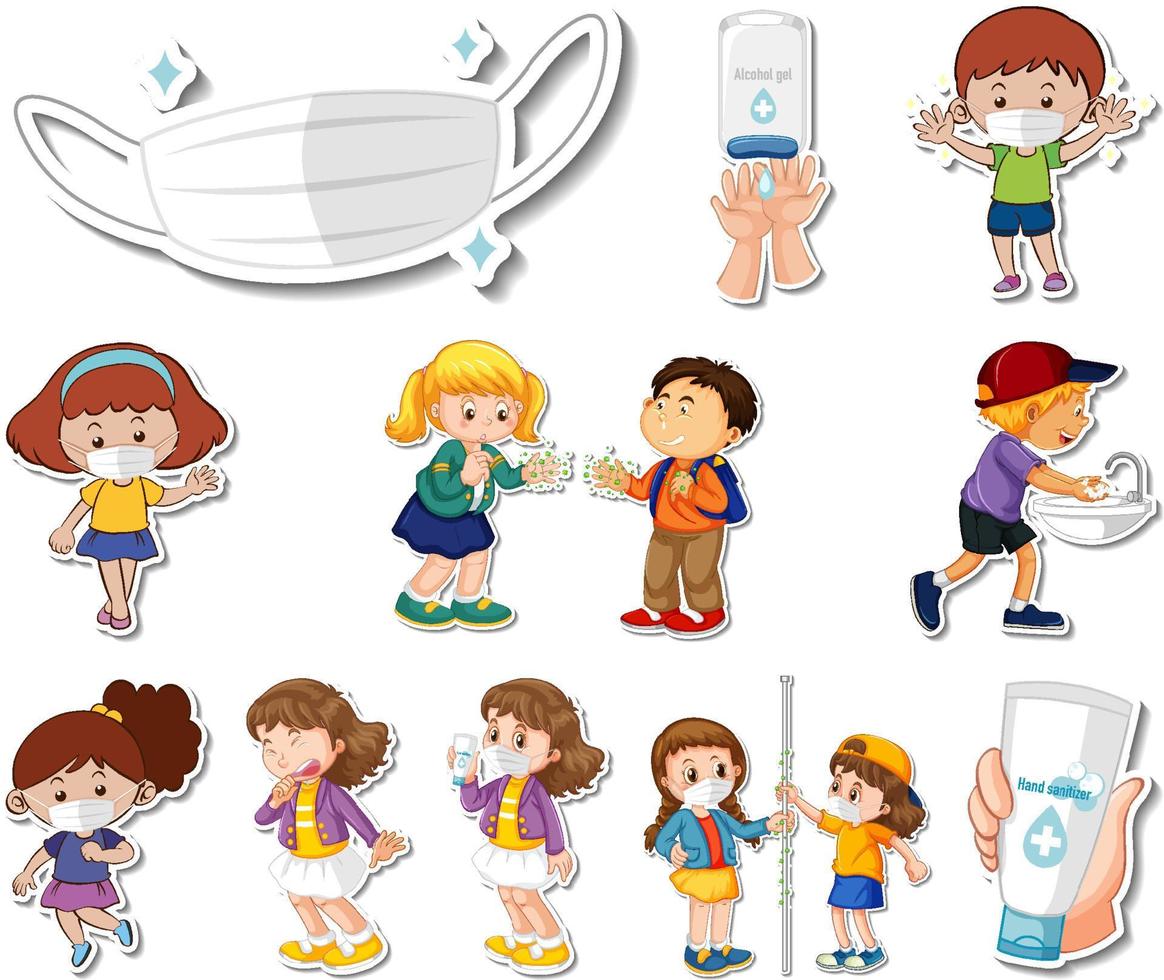 Sticker set of covid19 icons and cartoon characters vector