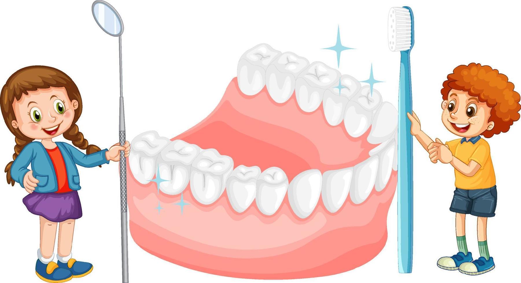 niños con espejo detal y cepillo de dientes con dientes blancos sobre fondo blanco vector
