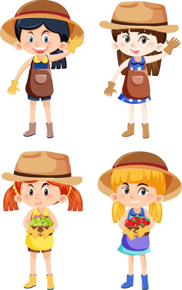 Set of different four girls in gardening outfits vector