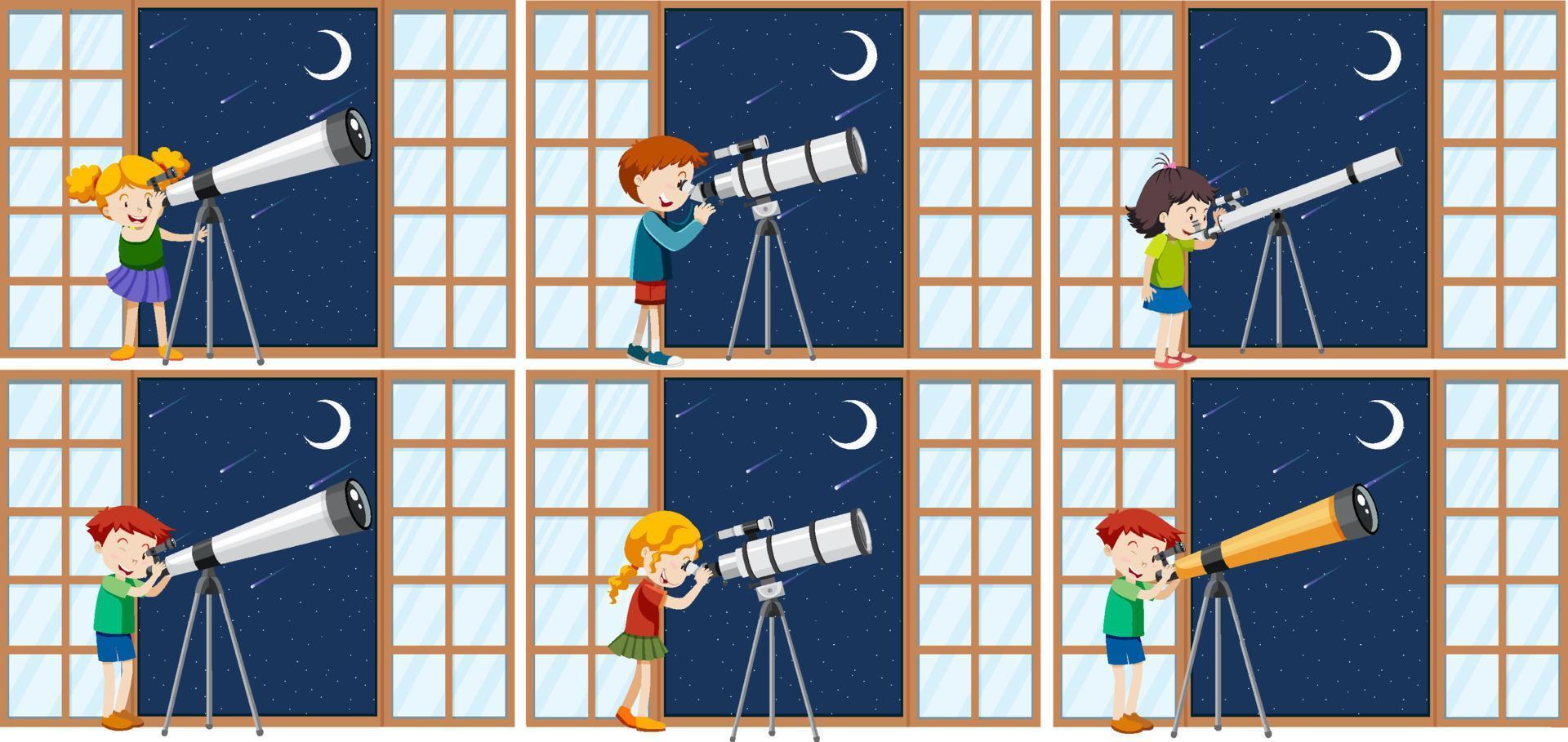 Set of different kids observe night sky with telescope vector