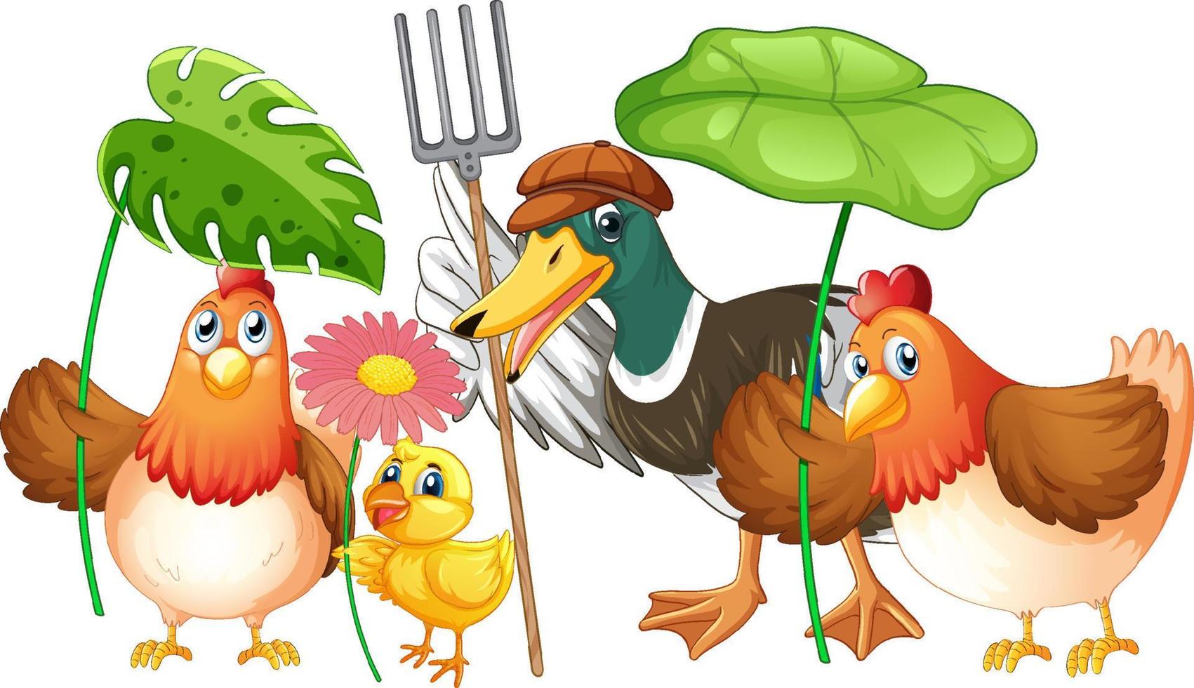 Duck and chickens with green leaves vector