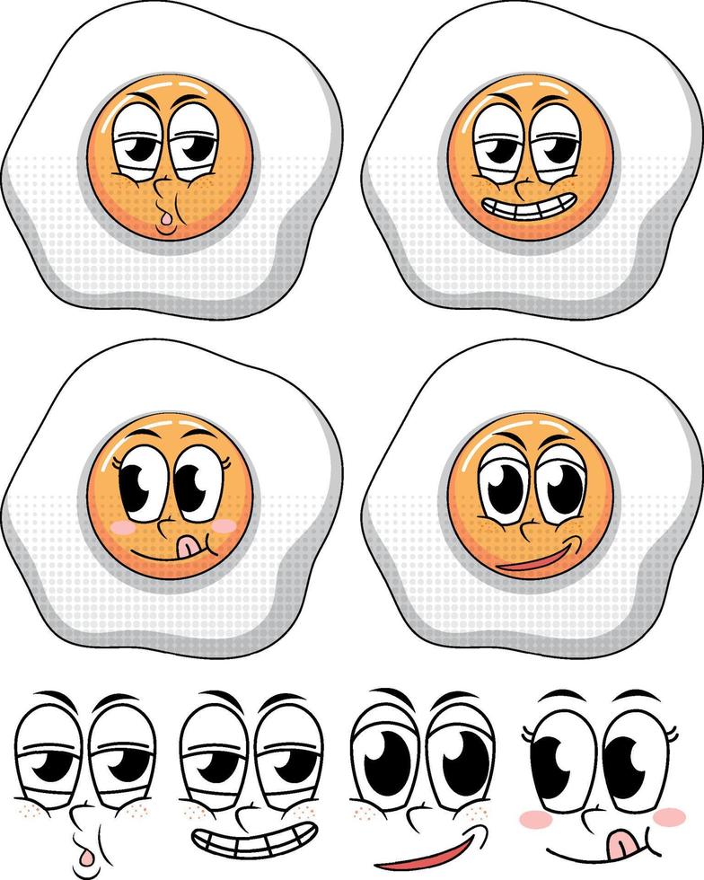 Set of facial expression vintage style cartoon with fried egg on white background vector