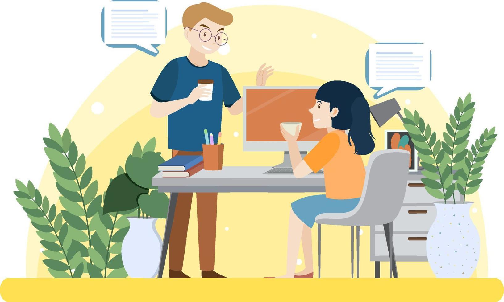 Man and woman working on computer vector