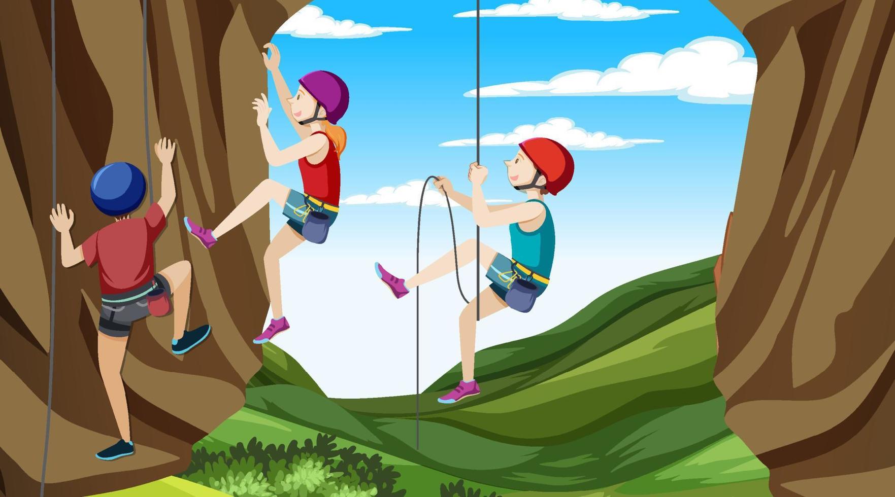 Rock climber on cliff outdoor scene vector