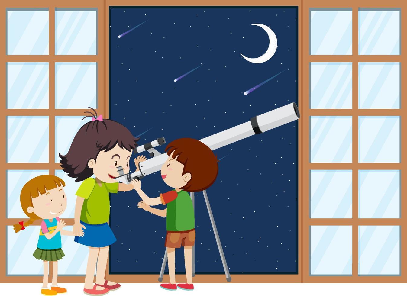 los niños observan el cielo nocturno con telescopio vector