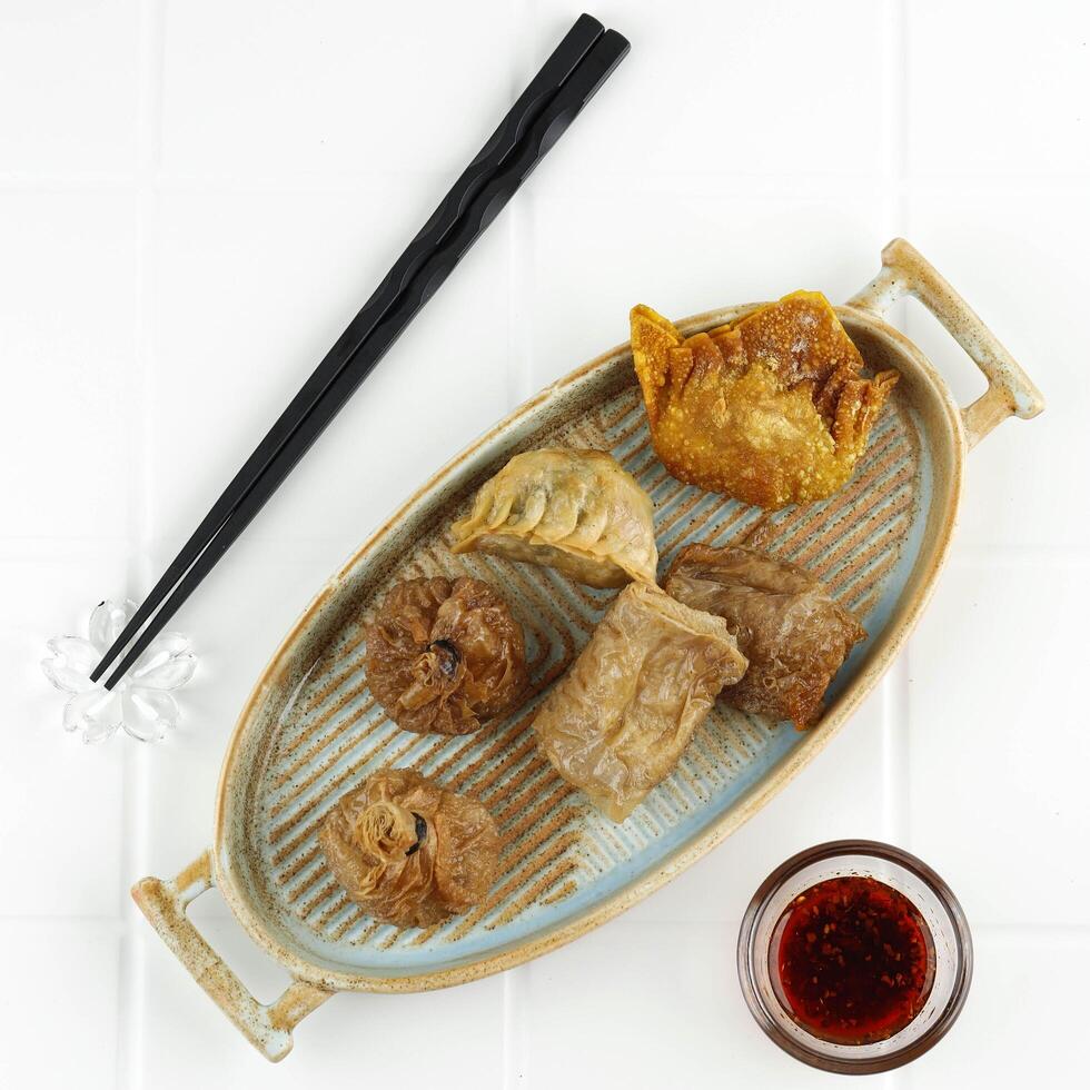 Deep Fried Dim Sum, Ekado, Lumpia on Rustic Square Plate, Various Shape