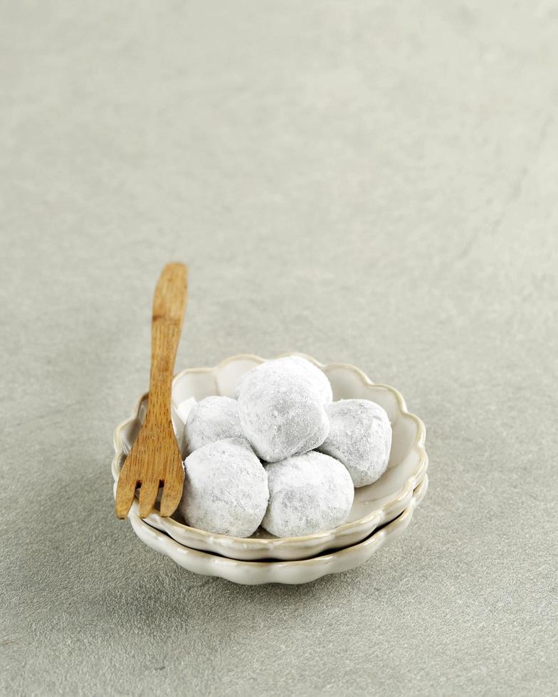 Mochi, Japanese Dessert on Small Plate. In Indonesia Popular as Moaci or Mochi Sukabumi photo