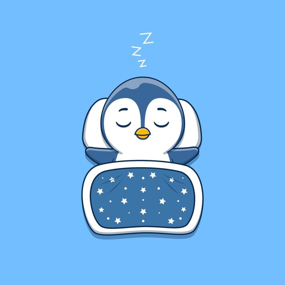 cute penguin sleeping with pillow and blanket vector