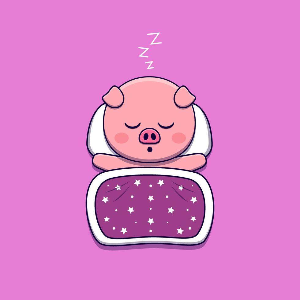 cute pig sleeping with pillow and blanket vector