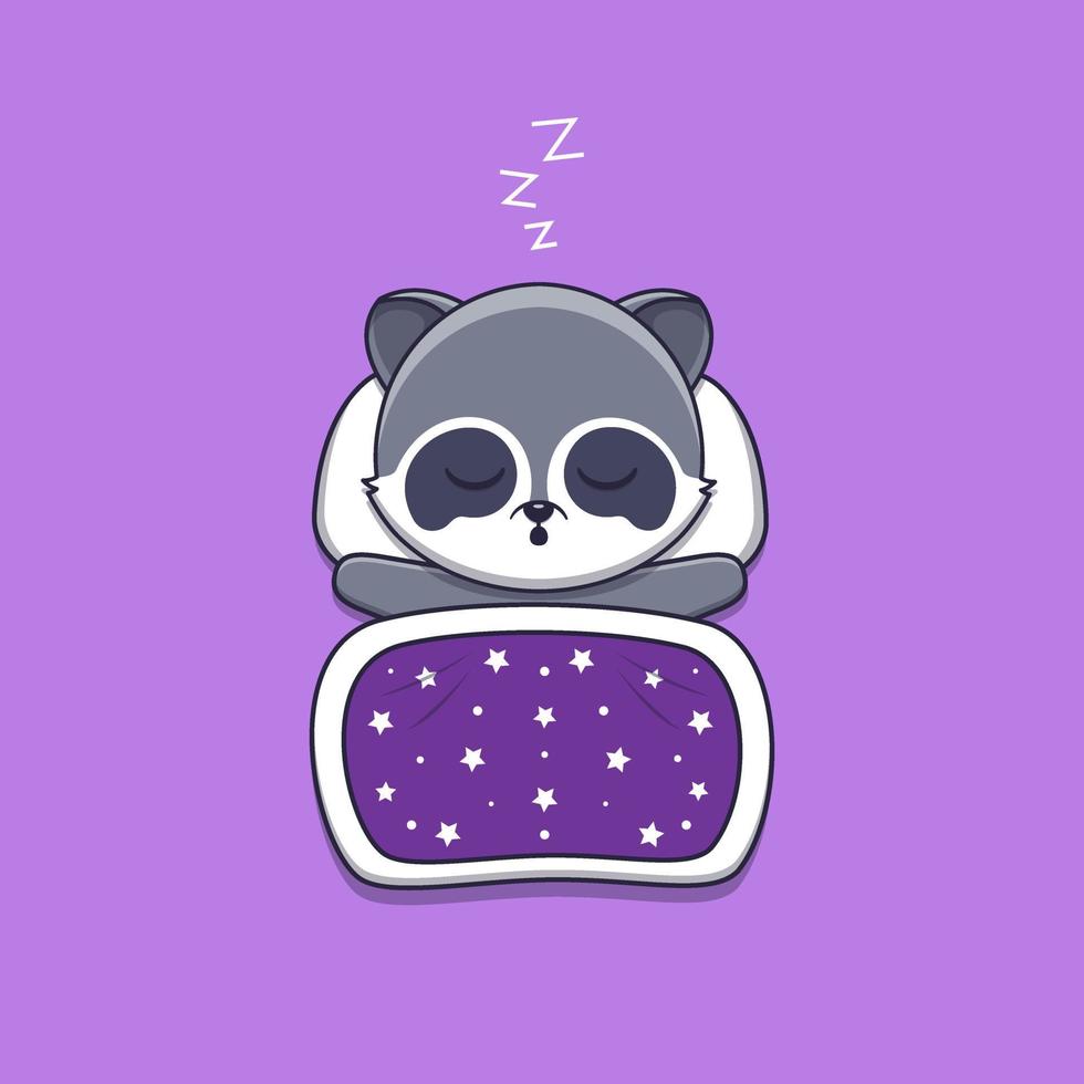 cute raccoon sleeping with pillow and blanket vector