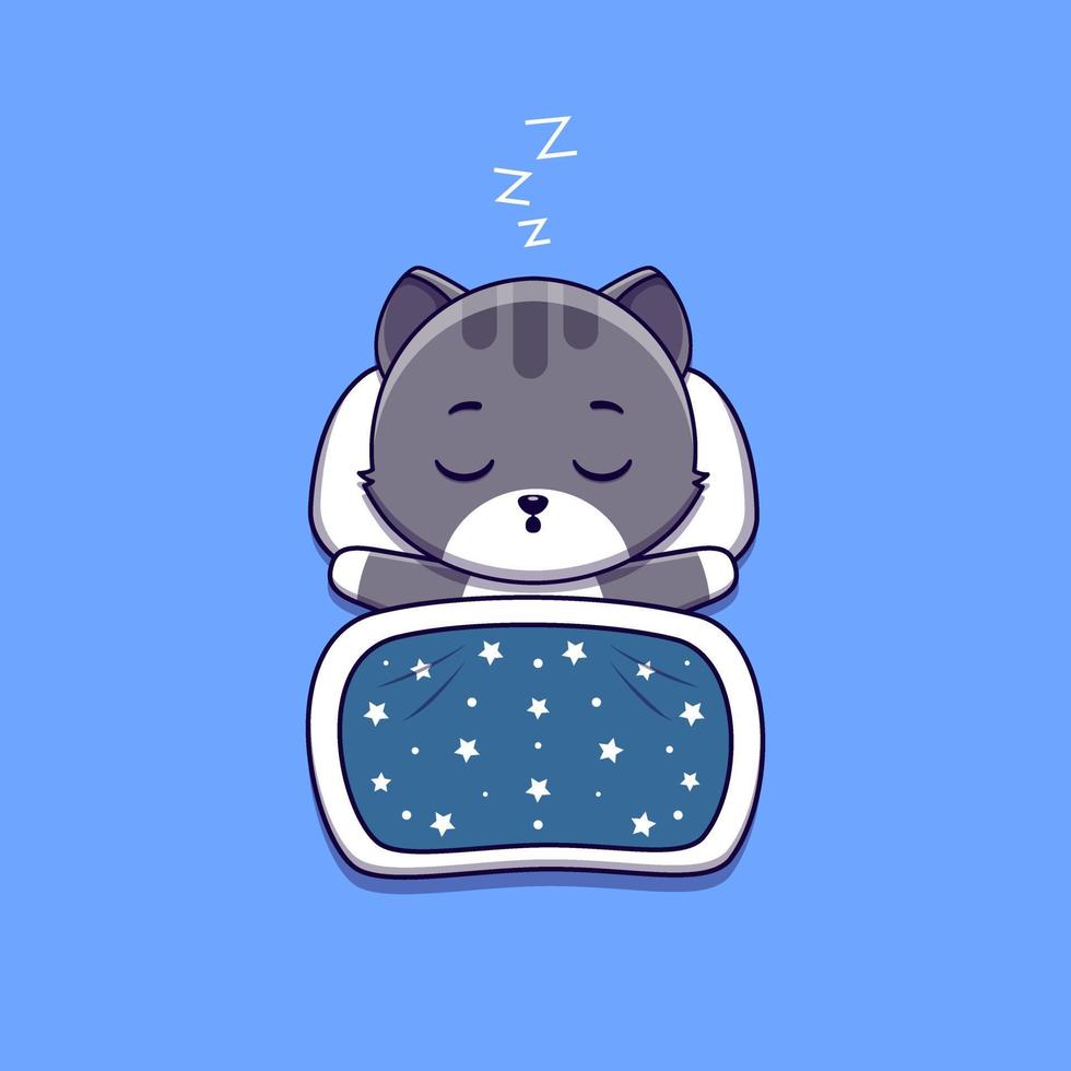 cute cat sleeping with pillow and blanket vector