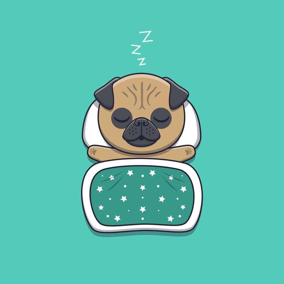 cute pug dog sleeping with pillow and blanket vector