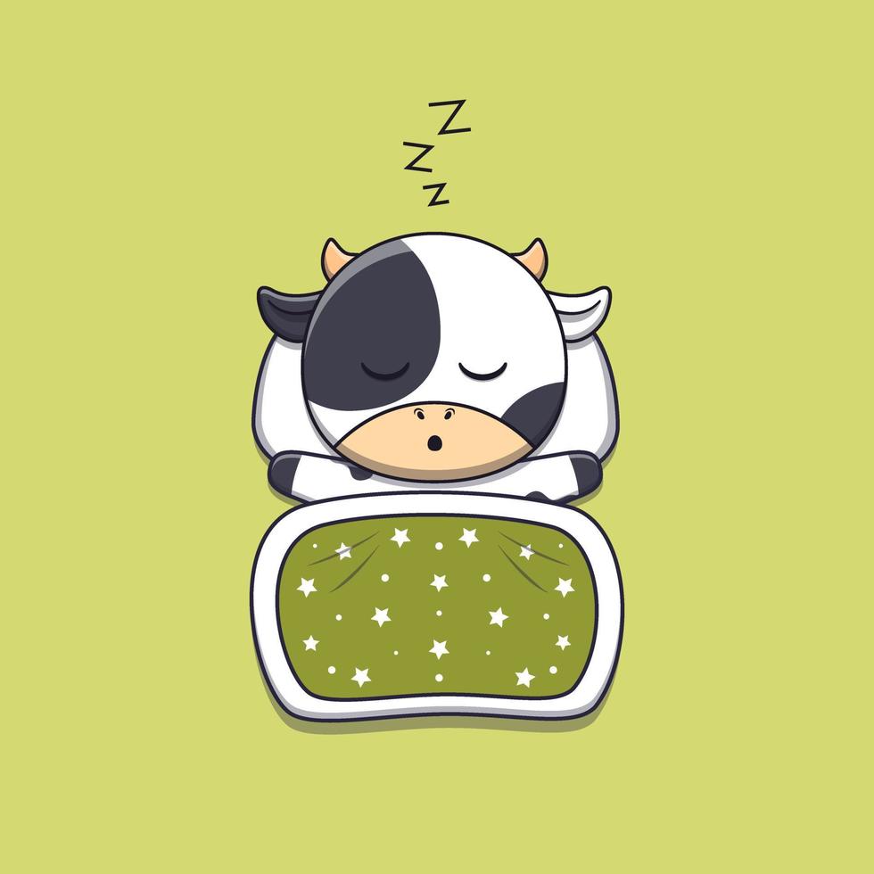 cute cow sleeping with pillow and blanket vector