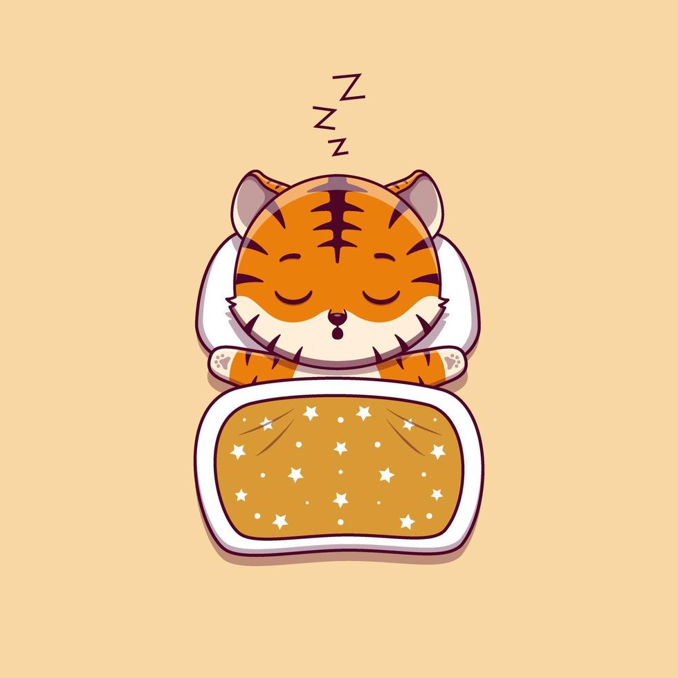 cute tiger sleeping with pillow and blanket vector