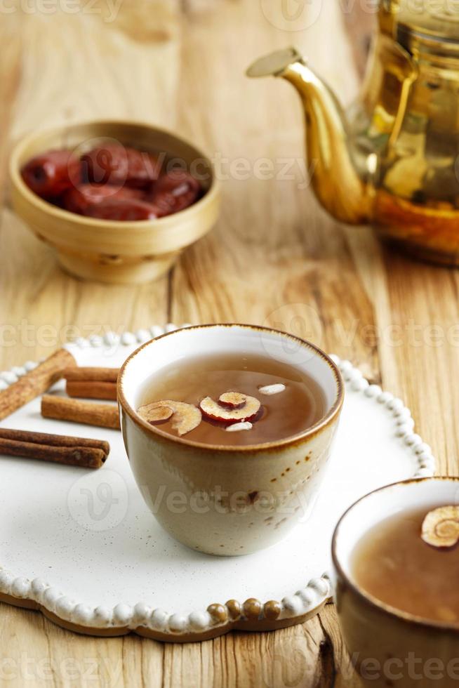 Sujeonggwa, Korean Traditional Cinnamon Punch. Dark Reddish Brown in Color photo