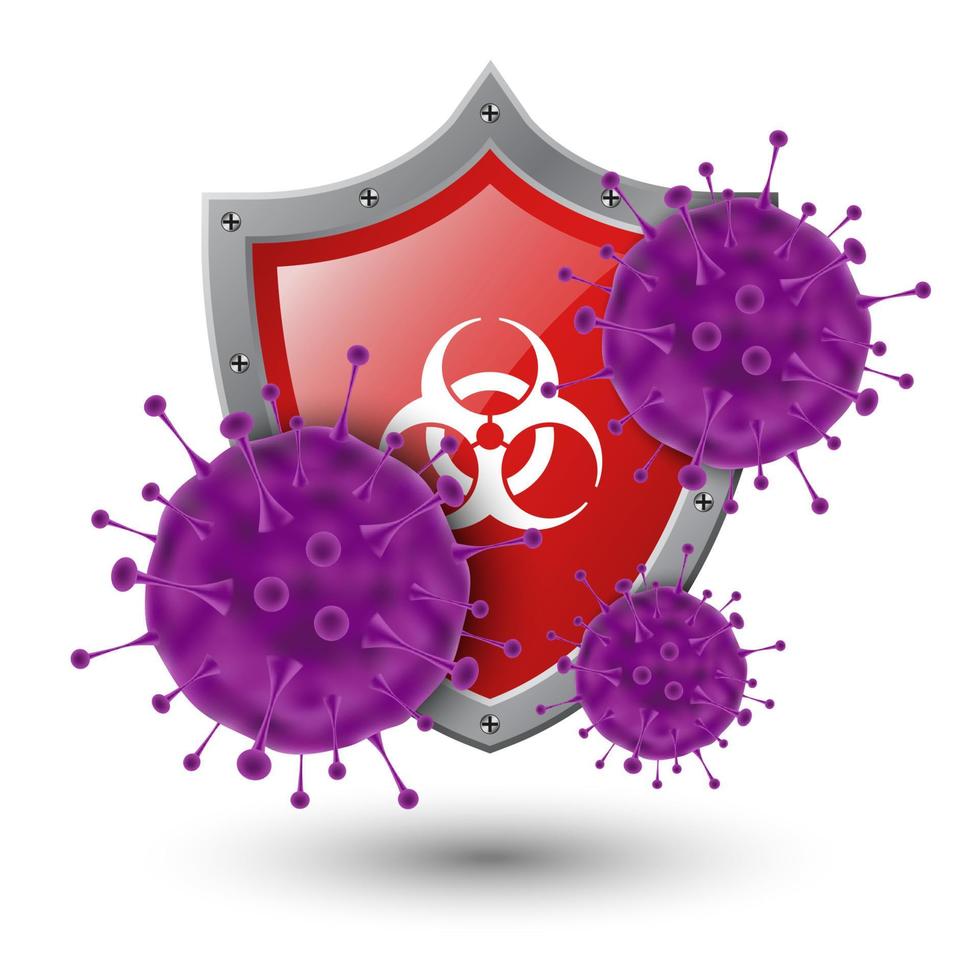 concepto de protección antivirus, escudo rojo con virus, ilustración vectorial vector