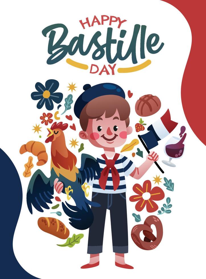 French Boy and a Rooster Celebrate Bastille Day vector