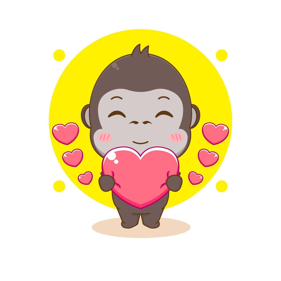 Cute gorilla holding love heart cartoon character illustration vector