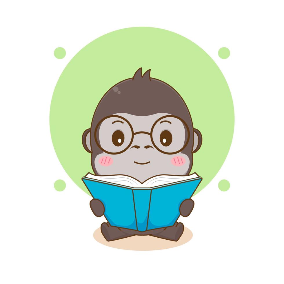 Cute nerd gorilla reading book with glasses cartoon character illustration vector