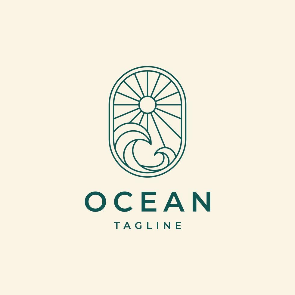 Ocean beach Sun Wave line outline Logo Design vector