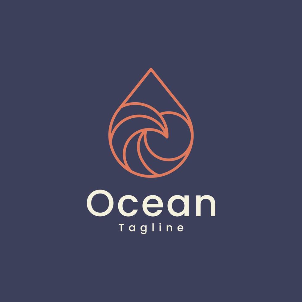 Ocean beach Sun Wave line outline Logo Design vector