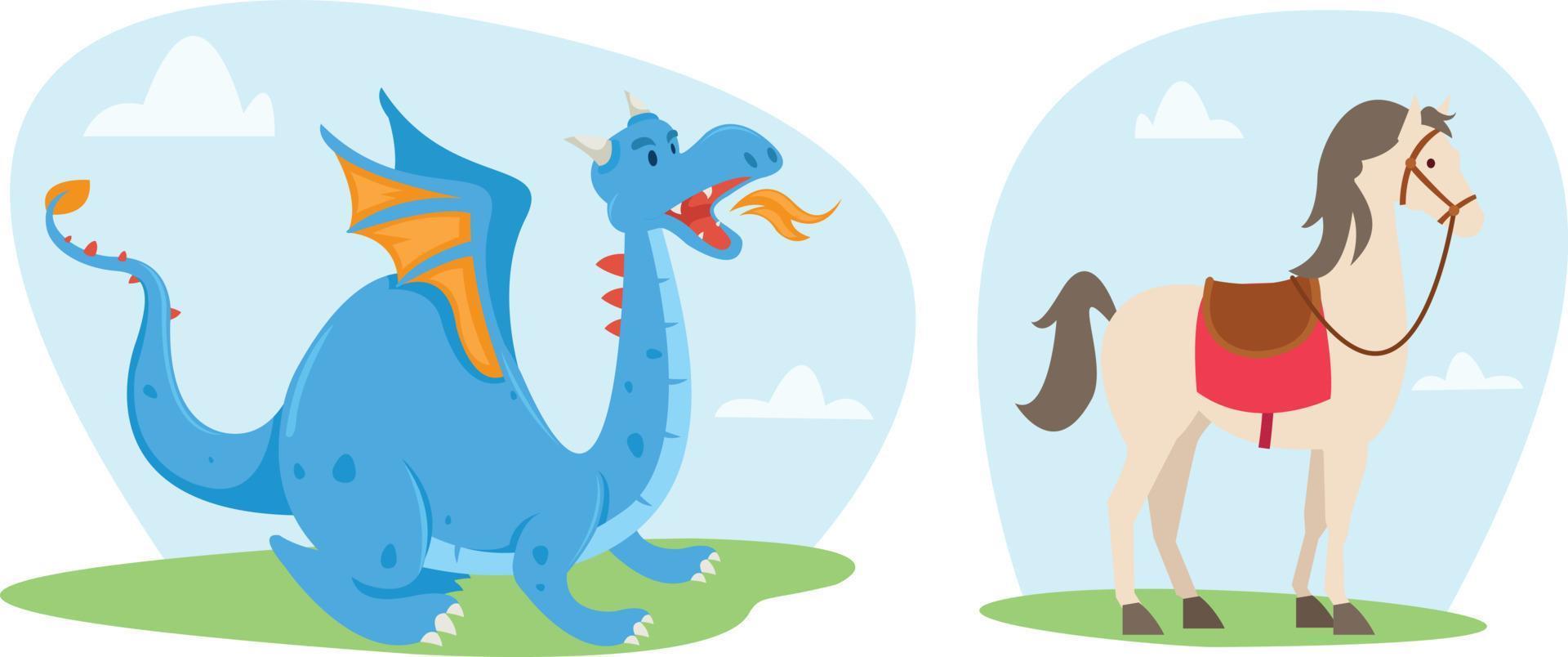 Cute animal characters in a fairy tale. Dragon and horse characters in fairy tales vector