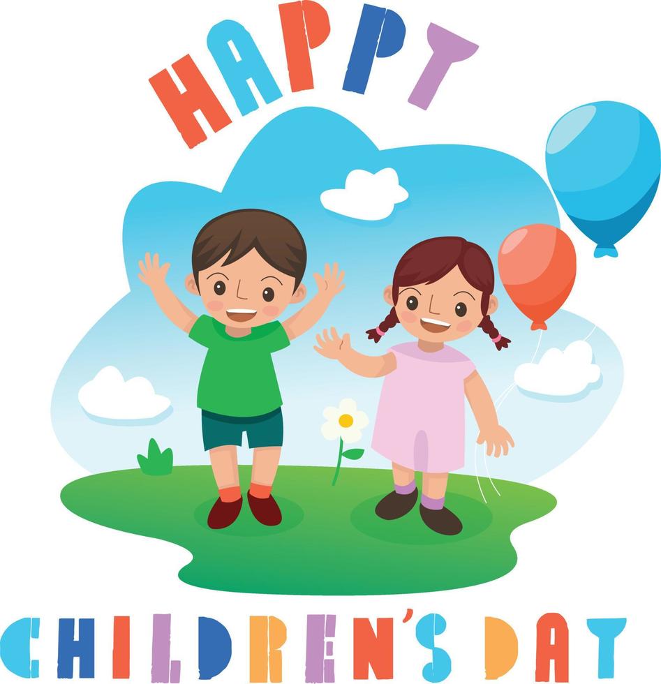 Happy childrens day concept with a pair of children playing with balloons happily vector