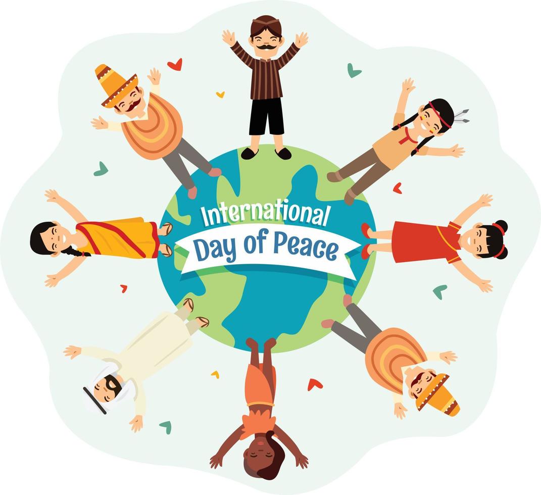 World peace day celebration with illustration of people from different countries vector