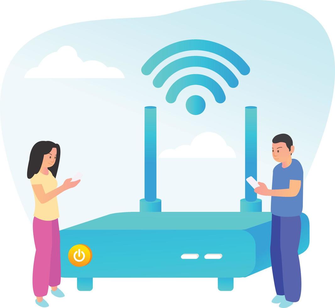 Illustration of two people using a wifi router isolated on white background vector