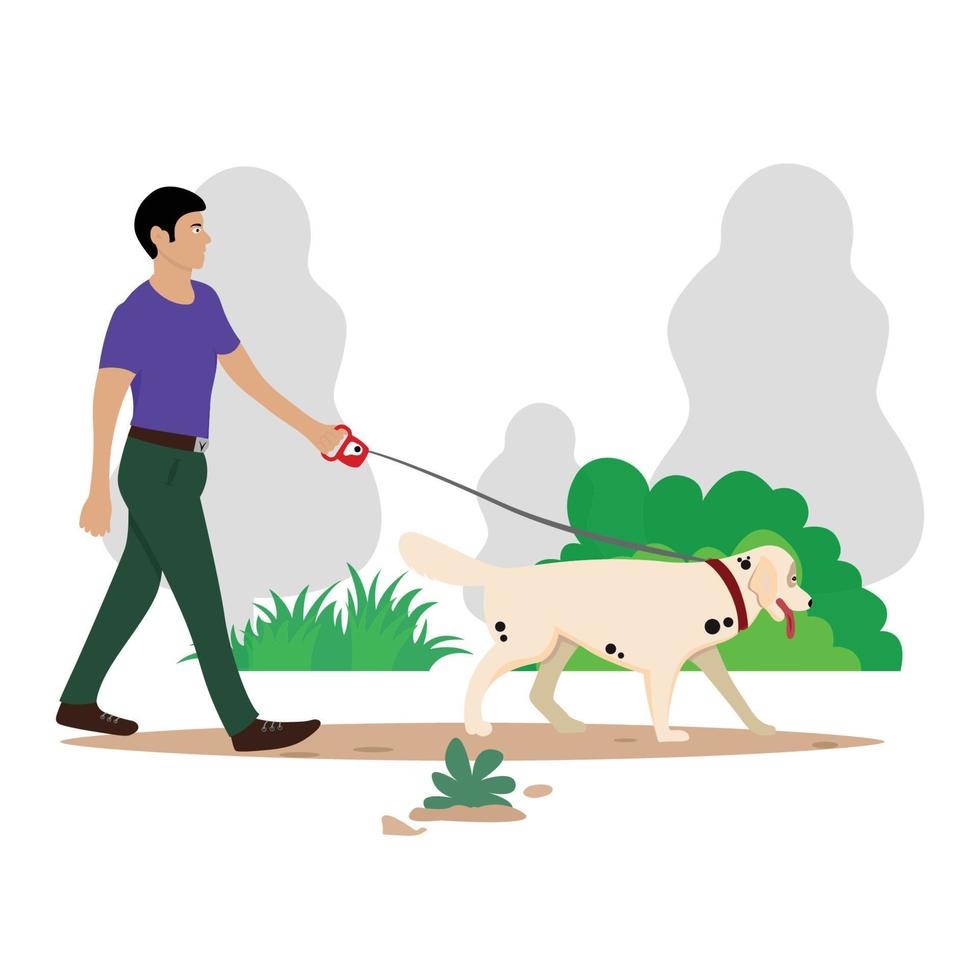 Man is walking with a dog. Vector illustration in a flat style