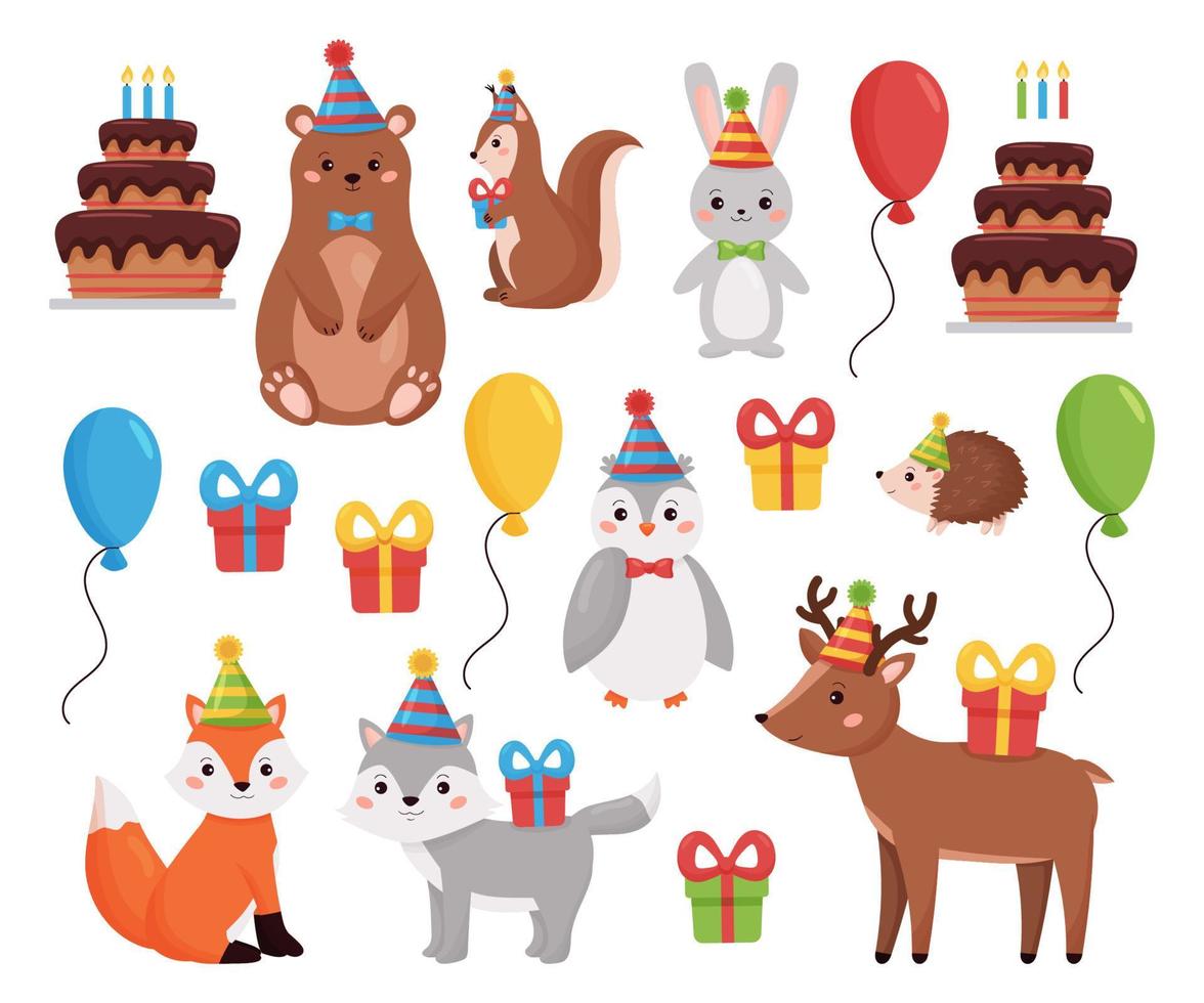 Birthday forest animals collection. Vector illustration for invitations and greeting cards. Cartoon woodland animals with balloons, presents and cake. Party for kids.