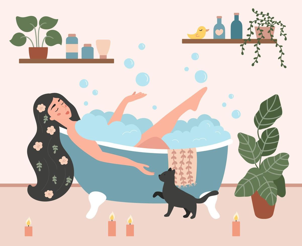 mujer bañándose en un baño acogedor con burbujas de espuma. flores en el cabello de una mujer. plantas de interior dibujadas a mano en macetas. concepto de autocuidado y relajación. champú y cremas naturales. ilustración de estilo plano. vector