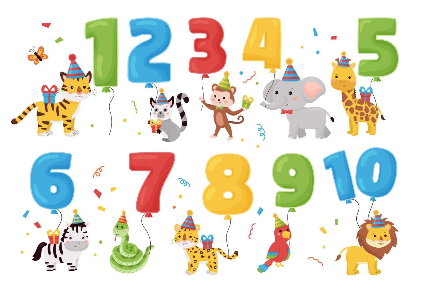 Jungle animals with numbers balloons, gifts and hats. Vector cartoon characters. Illustration for Birthday invitations and greeting cards.