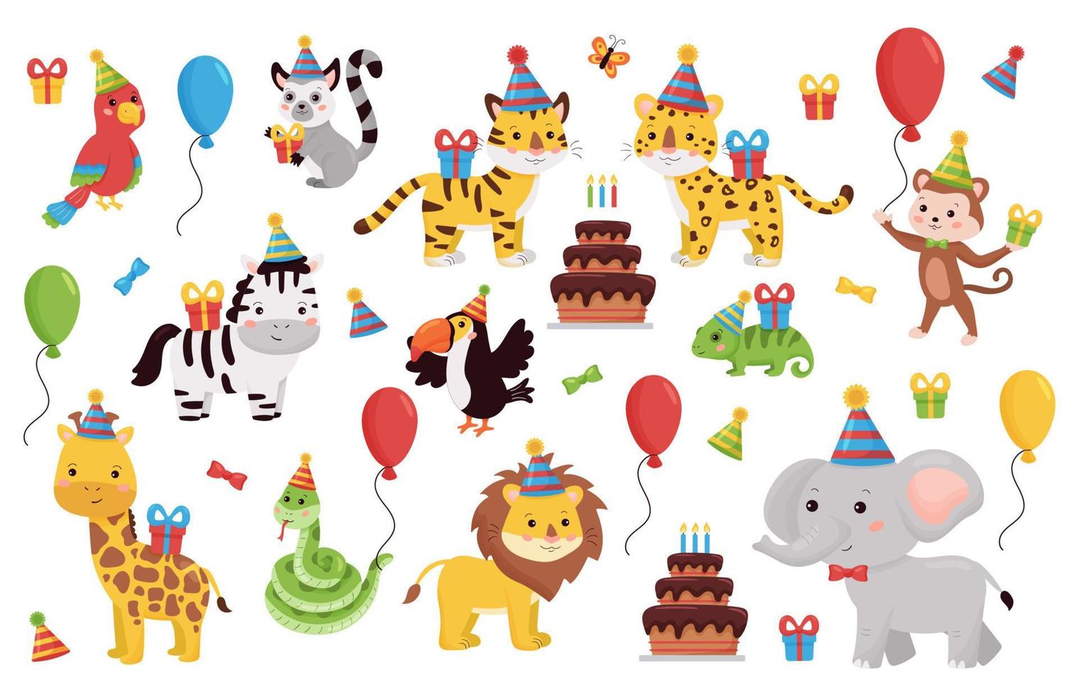 Birthday animals set. Cartoon characters collection with gifts, balloons and cake. African and jungle animals. vector