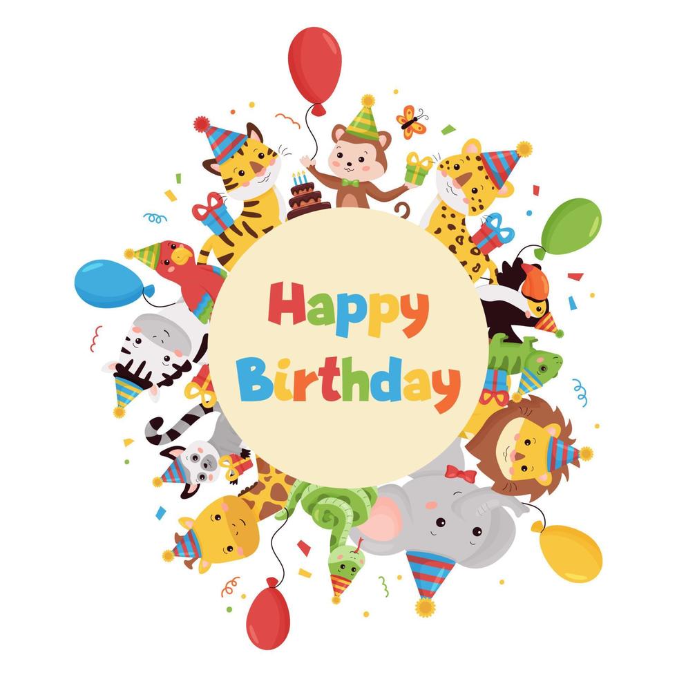 Happy Birthday vector illustration with jungle animals, balloons, gifts and cake. Cartoon characters around circle shape. For greeting and invitation cards design.