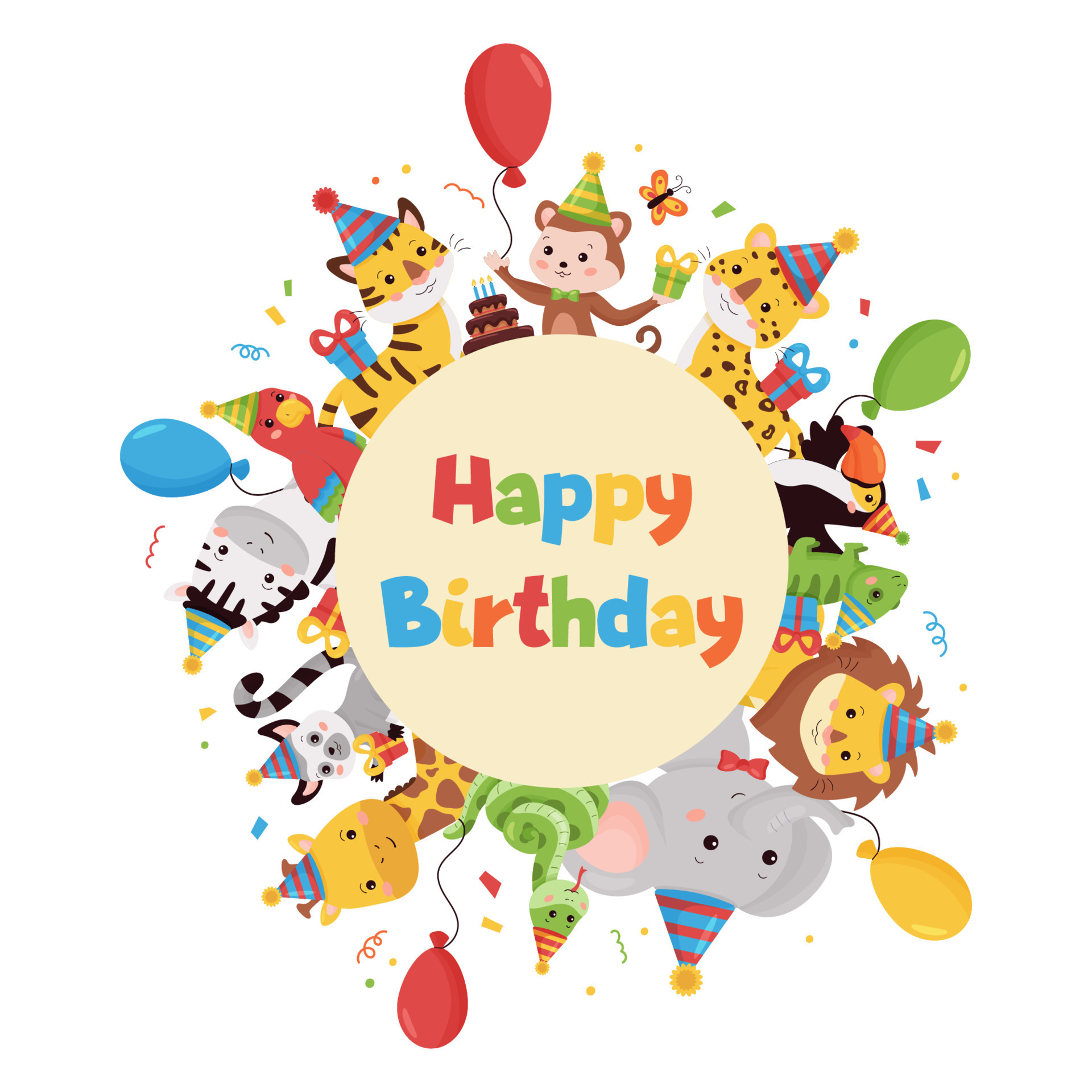 Happy Birthday vector illustration with jungle animals, balloons, gifts and  cake. Cartoon characters around circle shape. For greeting and invitation  cards design. 7192263 Vector Art at Vecteezy
