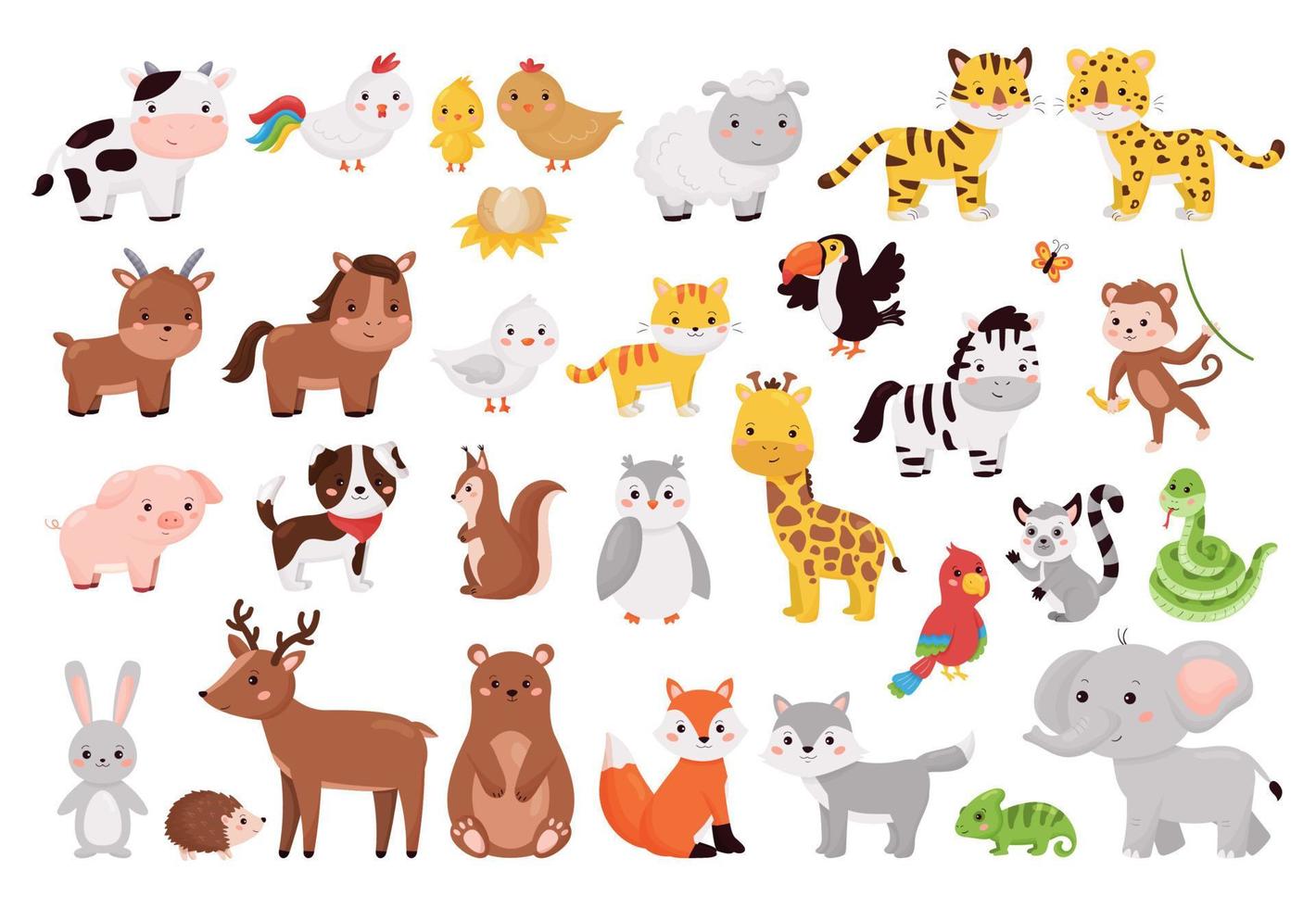 Cartoon animals and birds collection. Cute jungle, forest and farm animals set isolated on white background. vector