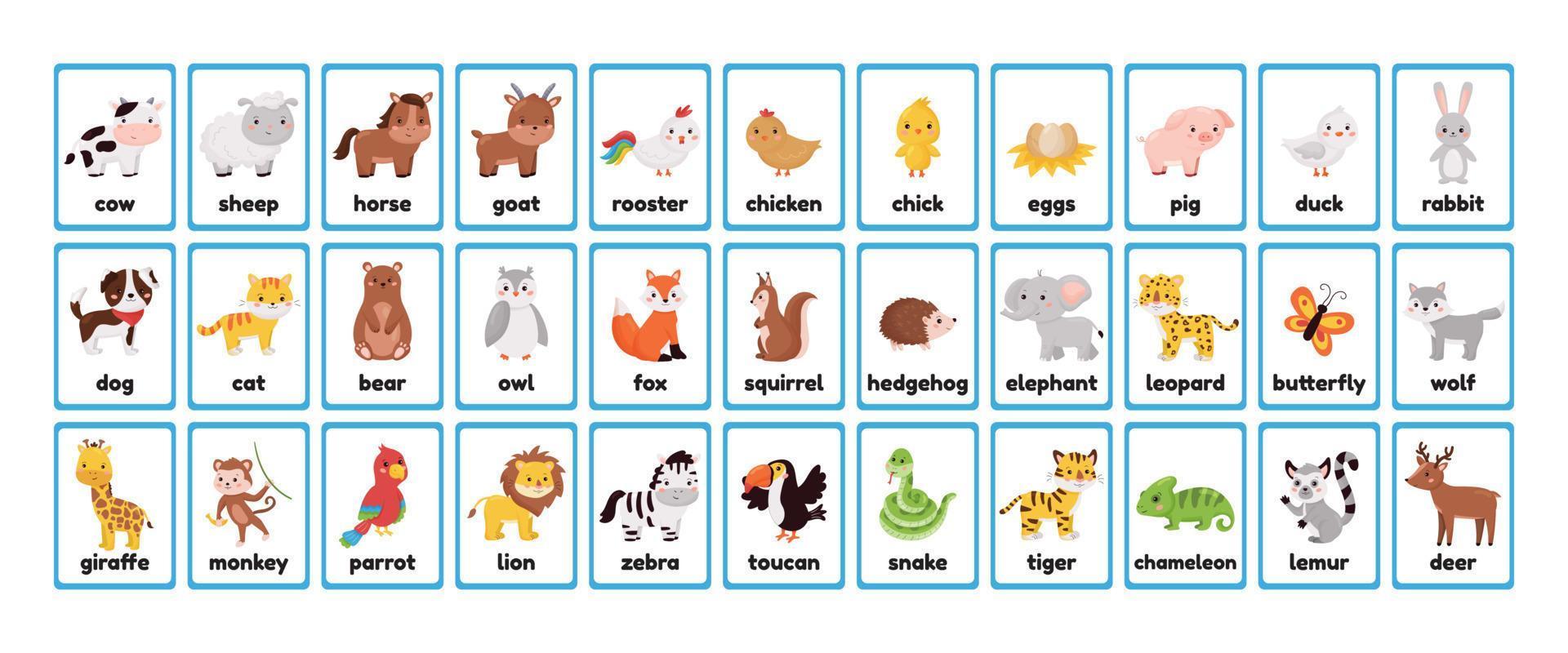 Big printable animals flashcards collection for learning english words. Educational game for kindergarten, pupils and preschool kids. Cute cartoon characters. Farm, forest and jungle animals. vector