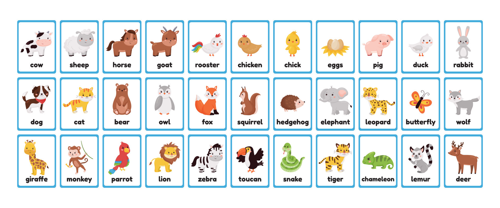 Big printable animals flashcards collection for learning english words. Educational game for kindergarten, pupils and preschool kids. Cute cartoon characters. Farm, forest and jungle animals. 7192266 Vector Art at Vecteezy Big printable animals flashcards collection for learning english words. Educational game for kindergarten, pupils and preschool kids. Cute cartoon characters. Farm, forest and jungle animals. 7192266 Vector Art at Vecteezy