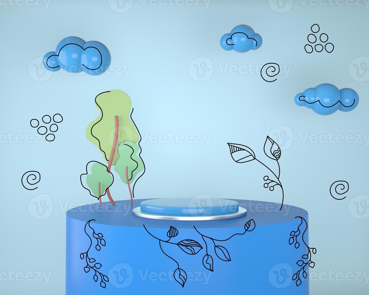 Abstract backdrop for product display, podium with trees and plants, 3d illustration photo