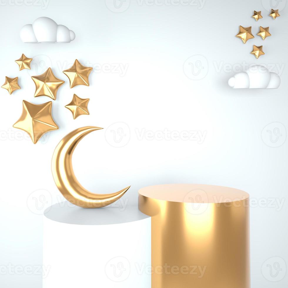 Ramadan Kareem greeting template with moon. Podium, stand on holiday light background for advertising products - 3d render illustration for cards, greetings. photo