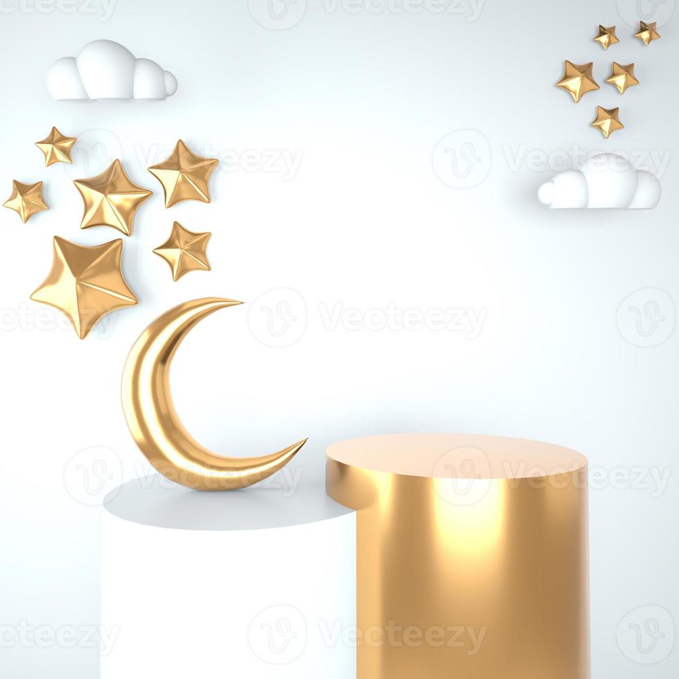 plantilla de saludo ramadan kareem con luna. podio, párese en el fondo claro de vacaciones para productos publicitarios - ilustración 3d para tarjetas, saludos. foto