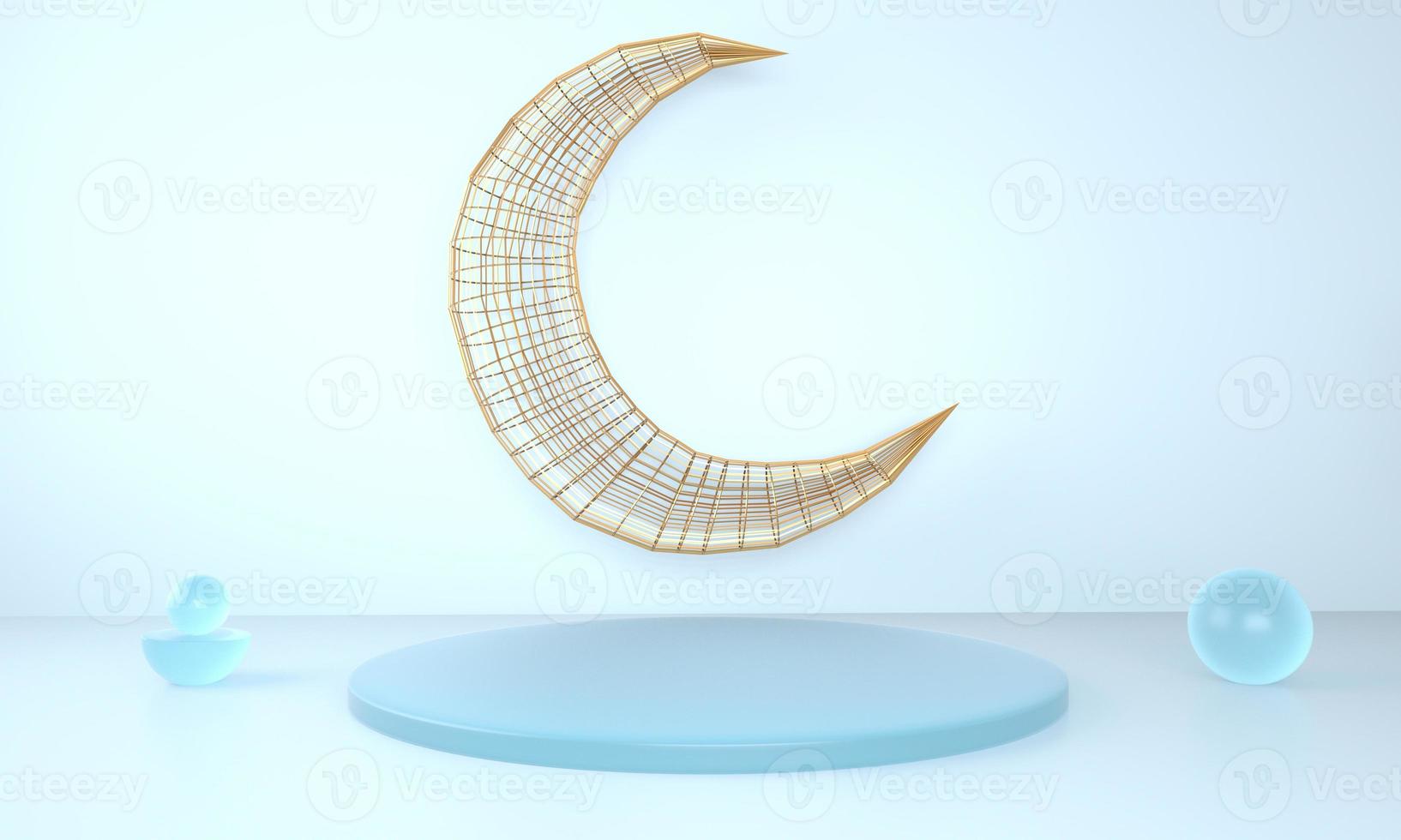 Ramadan Kareem greeting template with moon. Podium, stand on holiday light background for advertising products - 3d render illustration for cards, greetings. photo