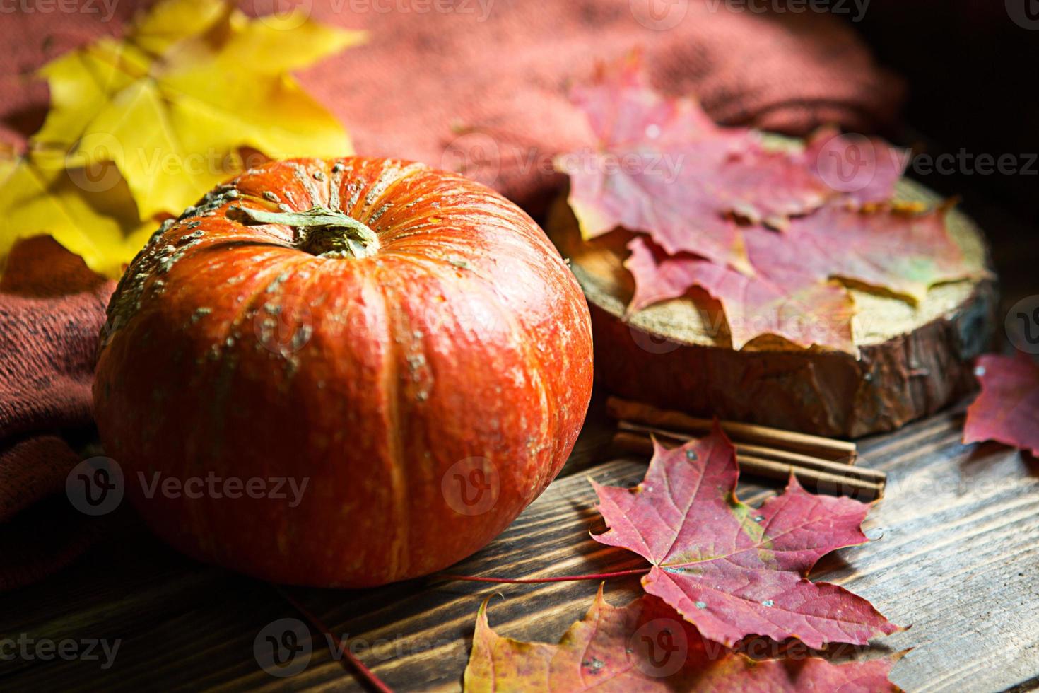 calabaza redonda natural naranja sobre una mesa de madera con hojas de arce amarillas y rojas caídas, palitos de canela. guirnaldas de luces, cálido ambiente otoñal, acción de gracias, fiesta de la cosecha, halloween. copie el espacio foto