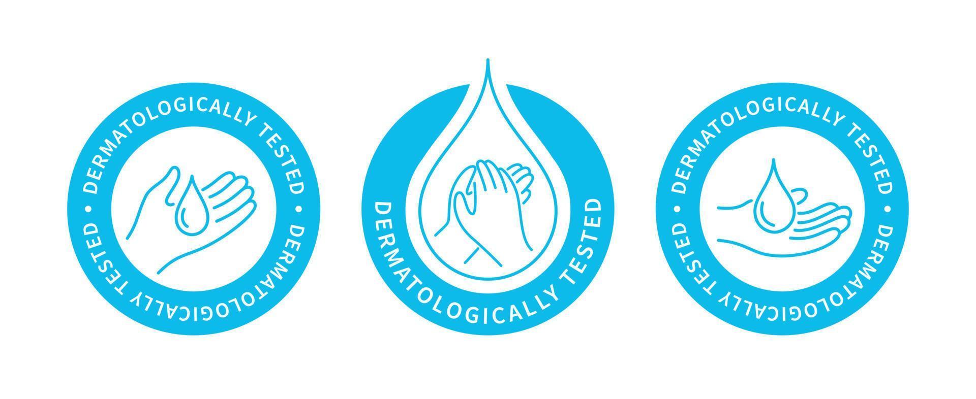 probado dermatológicamente, etiqueta o etiqueta vectorial. iconos listos para usar en el diseño de paquetes de productos dermatológicos. diseño de etiquetas con logotipo de mano y gota de agua. vector