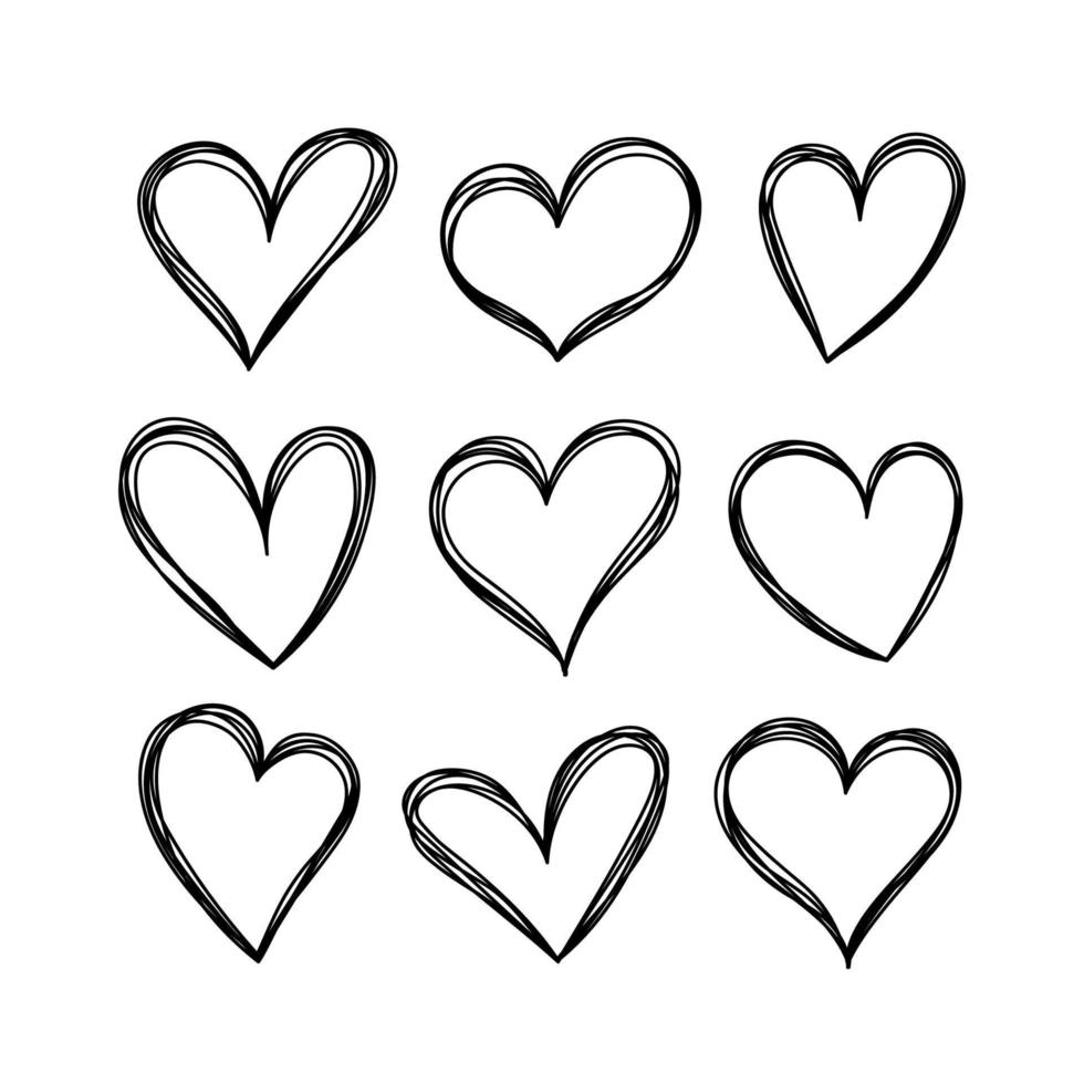 corazones vectoriales en estilo garabato. conjunto de corazones aislado sobre fondo blanco. vector