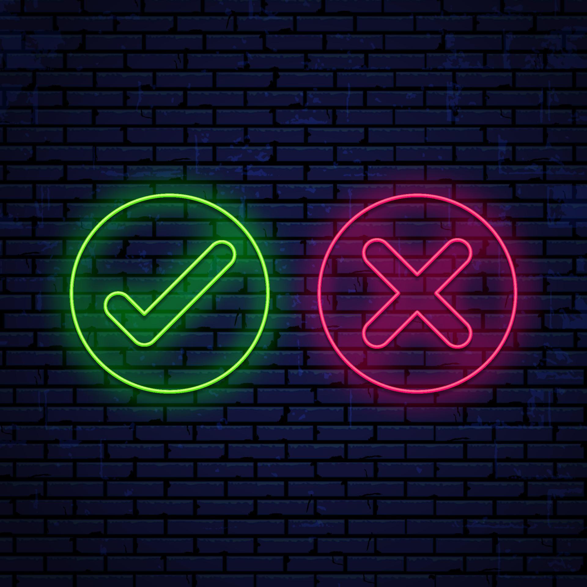 Bright neon sign, check marks, icons round shape isolated on wall
