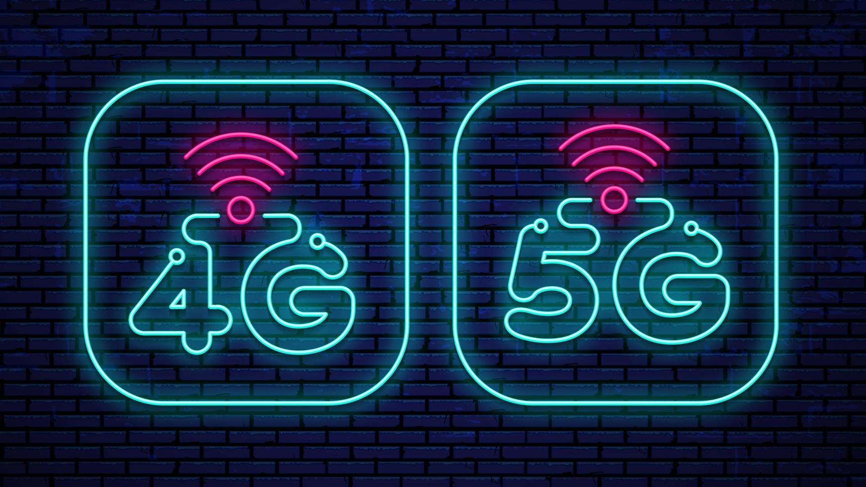 Neon 4G and 5G signs isolated on the wall background. Vector set neon glowing 4G and 5G icons.